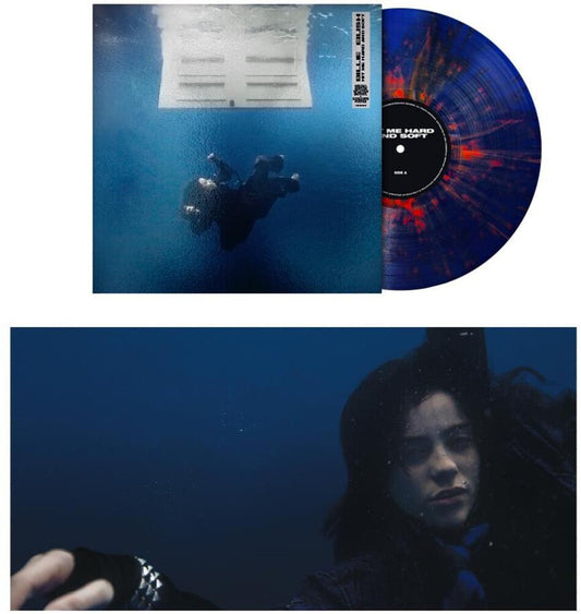 the album cover for Billie Eilish - HIT ME HARD AND SOFT (Anniversary Edition) [Blue & Orange Splatter LP]