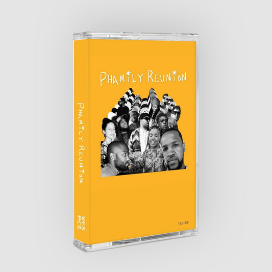 A cassette-style music album case standing upright on a light gray background. The case has a bright yellow-orange cover with the text 'PHMTLY REUNION' and a black-and-white collage photo on the front.